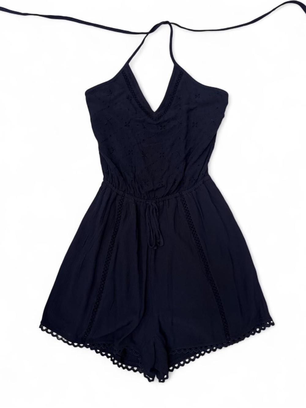 Hollister Co. navy blue halter romper with lace trim and eyelet embroidery